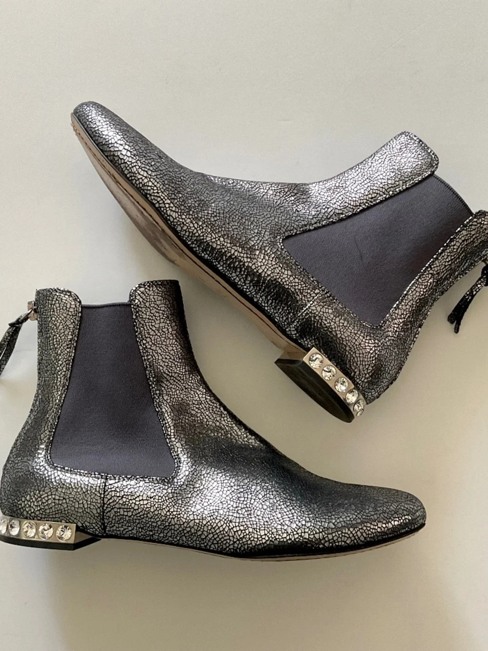 MIU MIU Crackled Silver Metallic Leather Crystal Heel Ankle Boots Sz EU 37